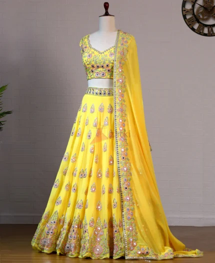 Yellow Color Georgette Mirror Embroidery Work Lehenga Choli